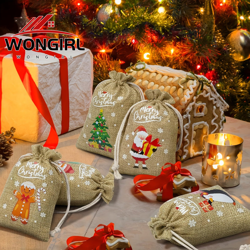 WONGIRL 32pcs Christmas Burlap Gift Bags with Drawstrings - Reusable Linen Treat Sacks with Festive Reindeer & Tree Designs, Perfect for Holiday Party Favors and Gift Wrapping