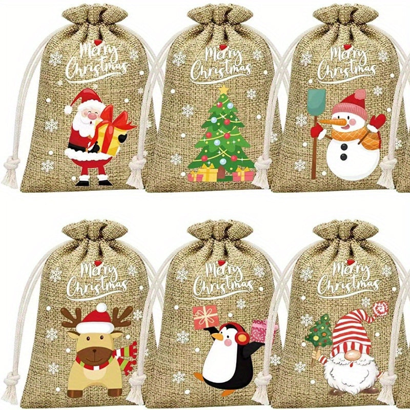 WONGIRL 32pcs Christmas Burlap Gift Bags with Drawstrings - Reusable Linen Treat Sacks with Festive Reindeer & Tree Designs, Perfect for Holiday Party Favors and Gift Wrapping