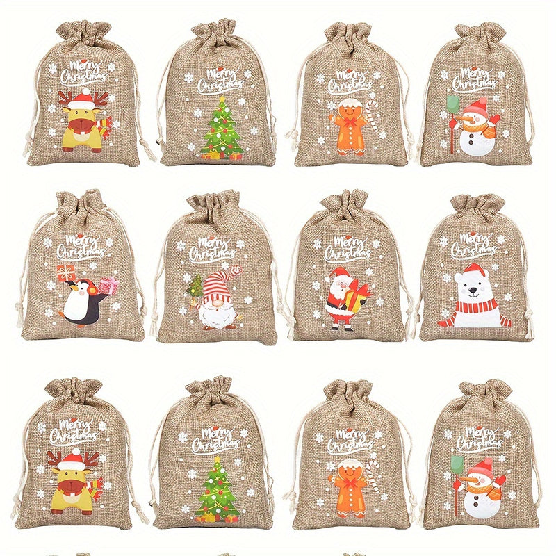 WONGIRL 32pcs Christmas Burlap Gift Bags with Drawstrings - Reusable Linen Treat Sacks with Festive Reindeer & Tree Designs, Perfect for Holiday Party Favors and Gift Wrapping