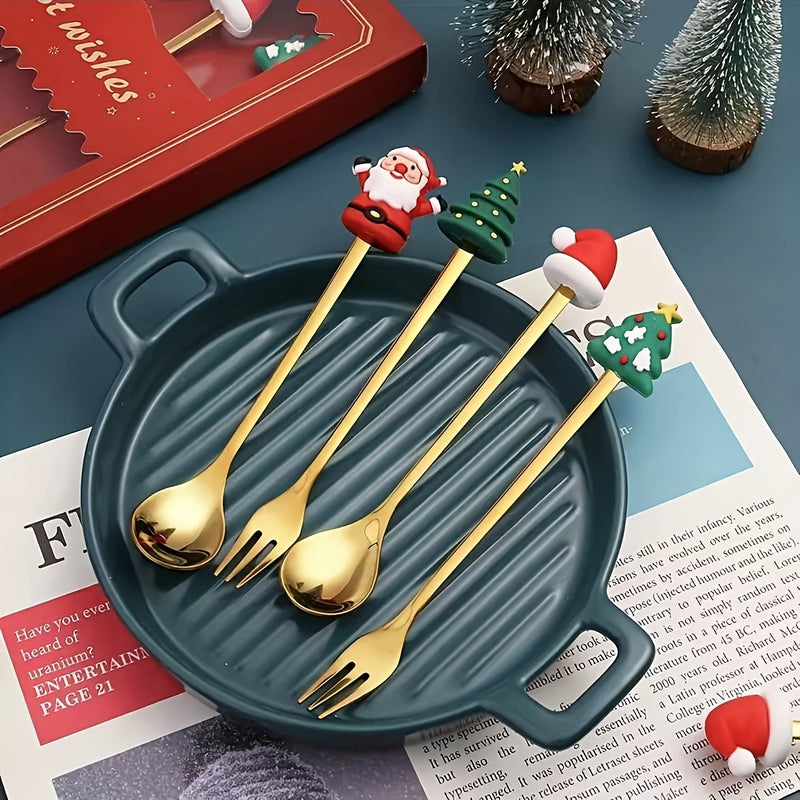 4/6pcs Christmas Creative Stainless Steel Spoon, Coffee Stirring Spoon, Dessert Fruit Fork, Doll Spoon and Fork Tableware