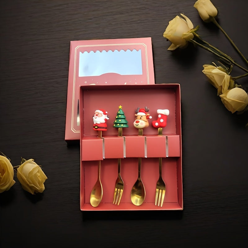 4/6pcs Christmas Creative Stainless Steel Spoon, Coffee Stirring Spoon, Dessert Fruit Fork, Doll Spoon and Fork Tableware