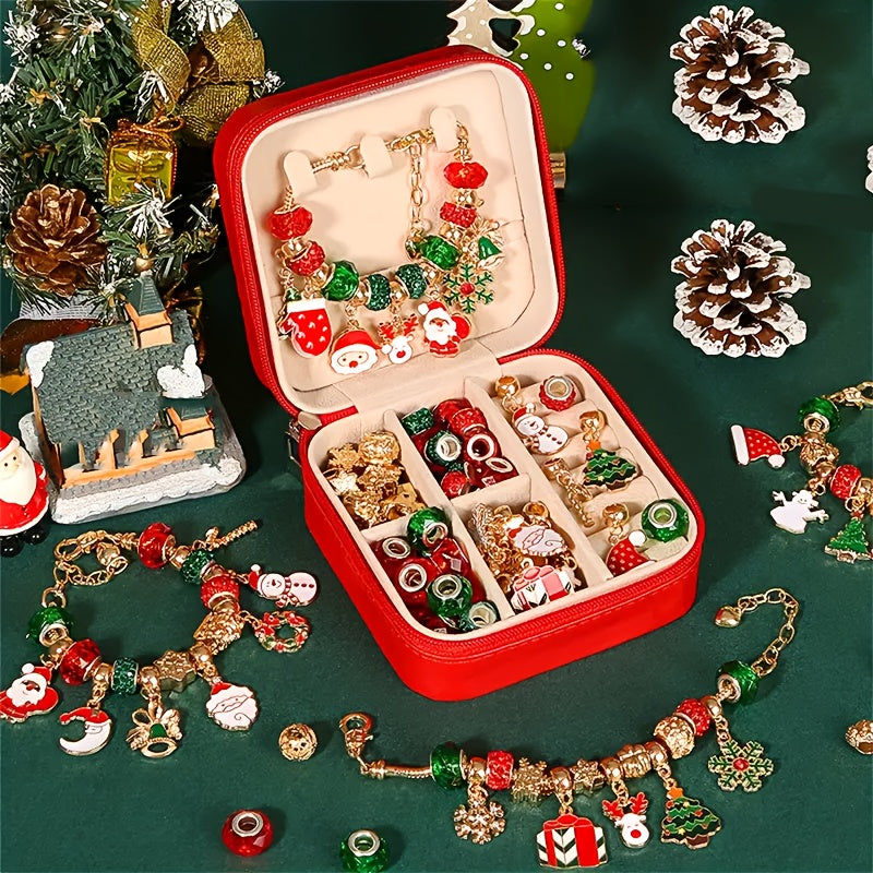 Festive Christmas Charm Bracelet Kit: 55 Pieces of Elegant Red & Green DIY Jewelry Making Set, Perfect for Women's Christmas Gifts