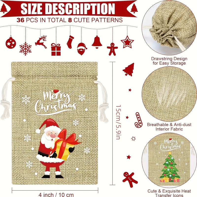 WONGIRL 32pcs Christmas Burlap Gift Bags with Drawstrings - Reusable Linen Treat Sacks with Festive Reindeer & Tree Designs, Perfect for Holiday Party Favors and Gift Wrapping