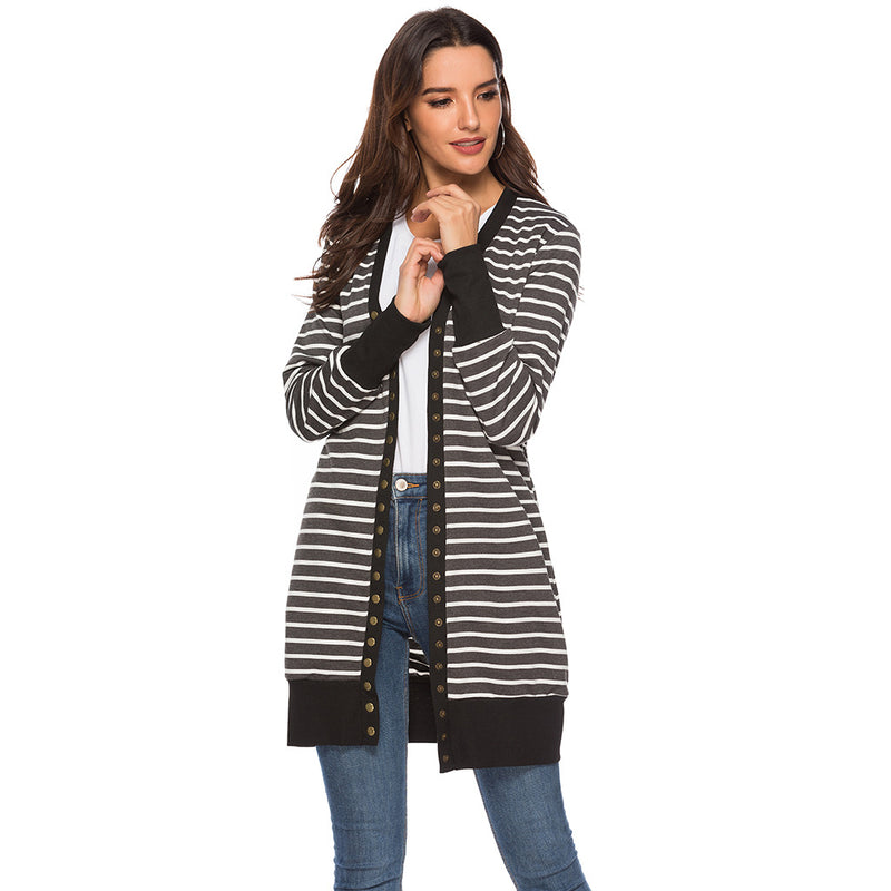 Autumn/Winter 2024 Europe and the United States plus size women's fashion long button striped cardigan coat