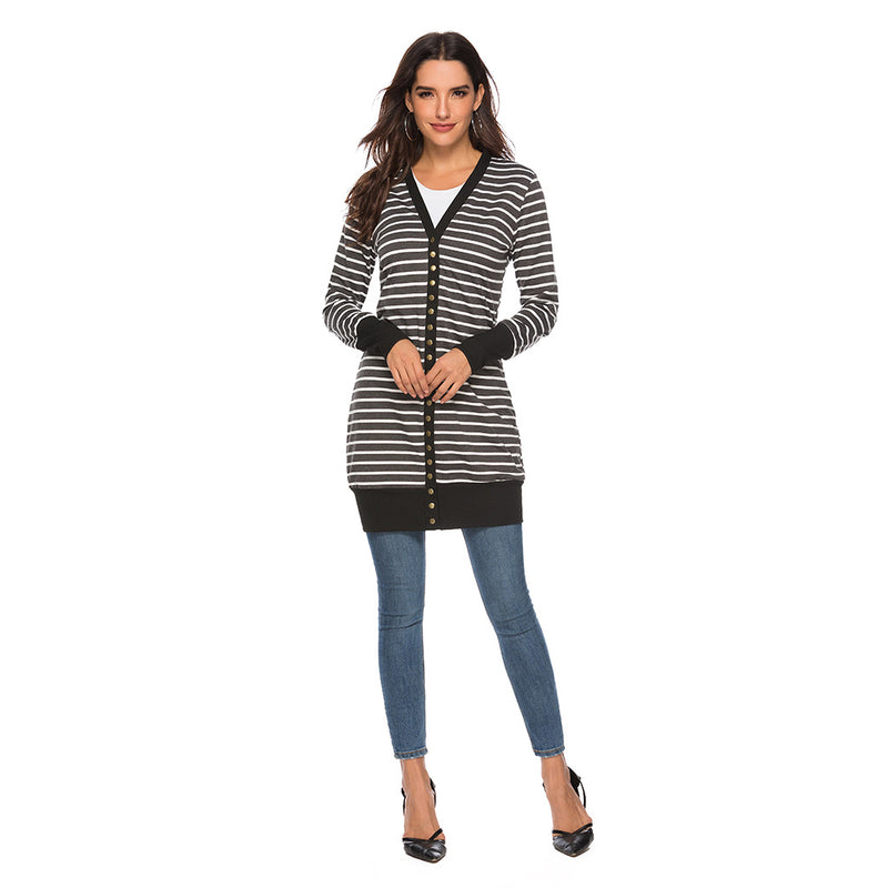 Autumn/Winter 2024 Europe and the United States plus size women's fashion long button striped cardigan coat