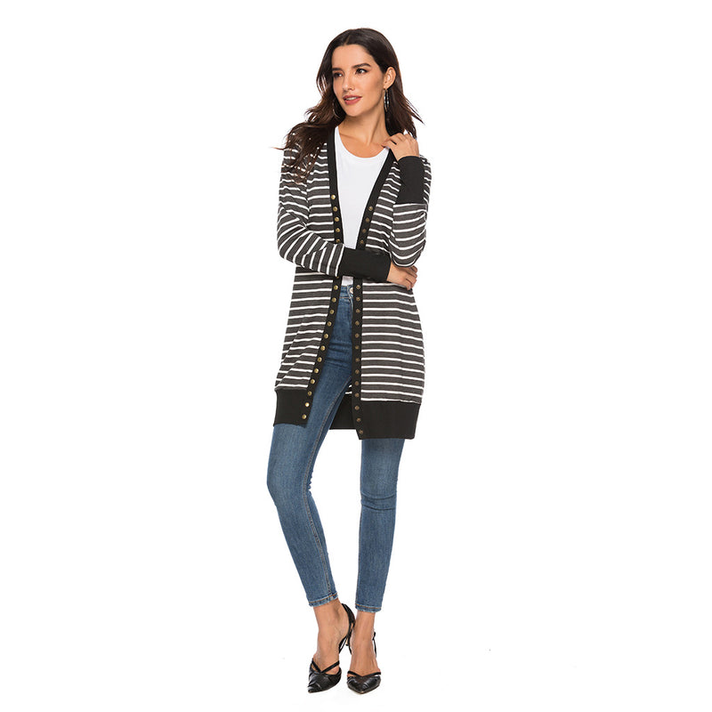 Autumn/Winter 2024 Europe and the United States plus size women's fashion long button striped cardigan coat