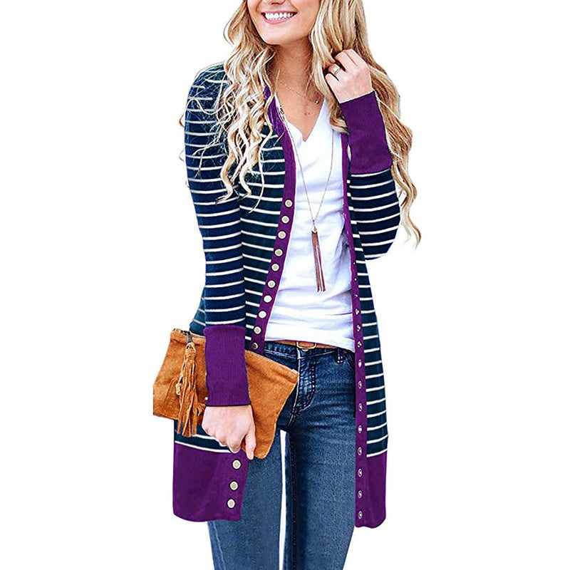 Autumn/Winter 2024 Europe and the United States plus size women's fashion long button striped cardigan coat