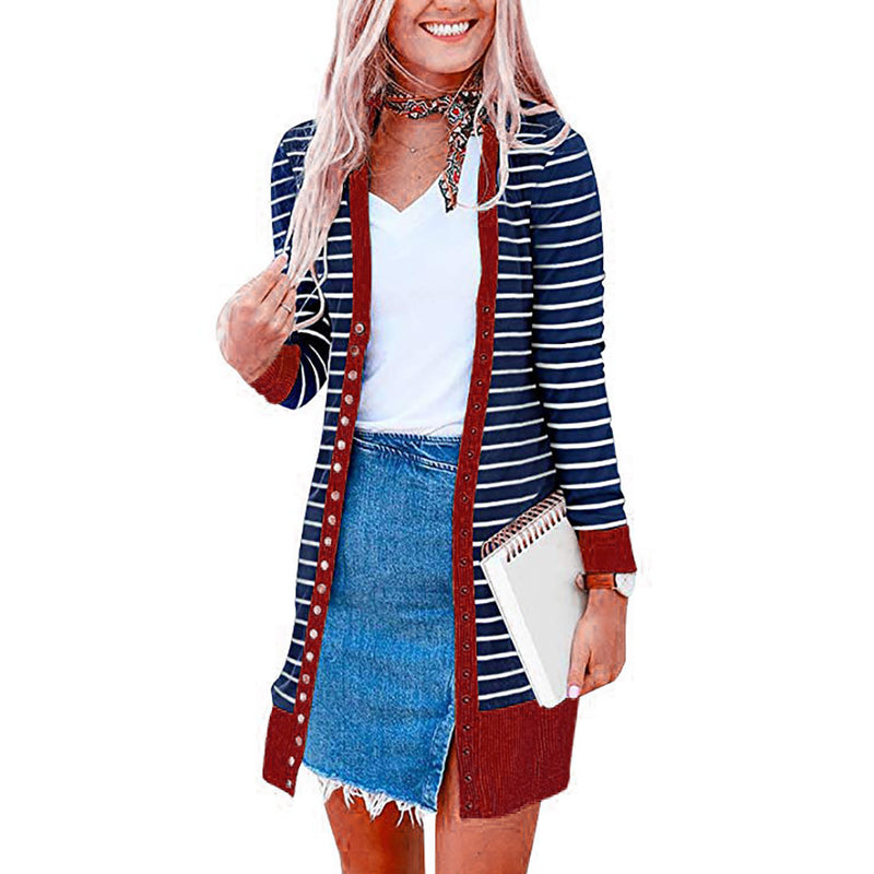 Autumn/Winter 2024 Europe and the United States plus size women's fashion long button striped cardigan coat