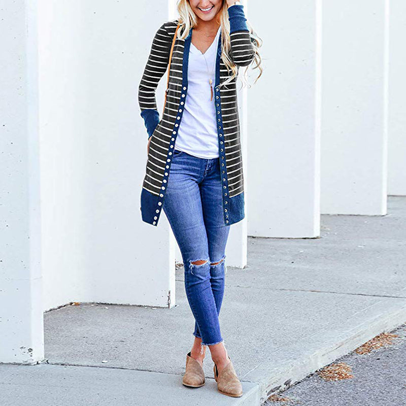 Autumn/Winter 2024 Europe and the United States plus size women's fashion long button striped cardigan coat