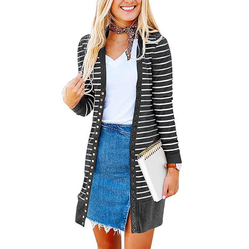 Autumn/Winter 2024 Europe and the United States plus size women's fashion long button striped cardigan coat