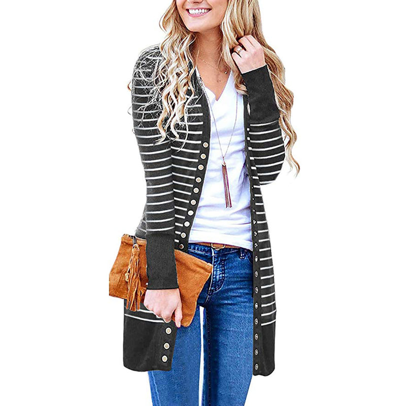 Autumn/Winter 2024 Europe and the United States plus size women's fashion long button striped cardigan coat