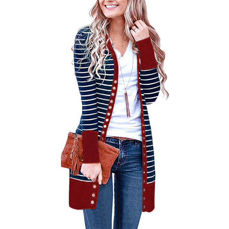 Autumn/Winter 2024 Europe and the United States plus size women's fashion long button striped cardigan coat