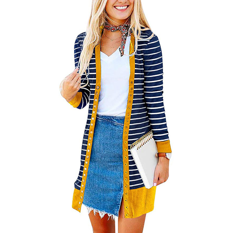 Autumn/Winter 2024 Europe and the United States plus size women's fashion long button striped cardigan coat