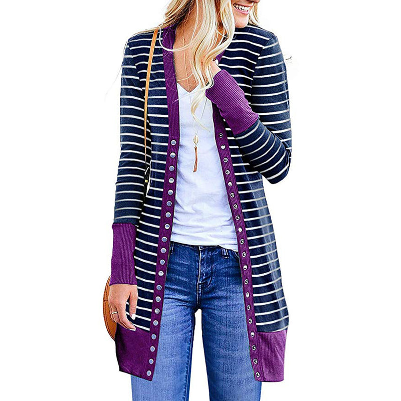 Autumn/Winter 2024 Europe and the United States plus size women's fashion long button striped cardigan coat