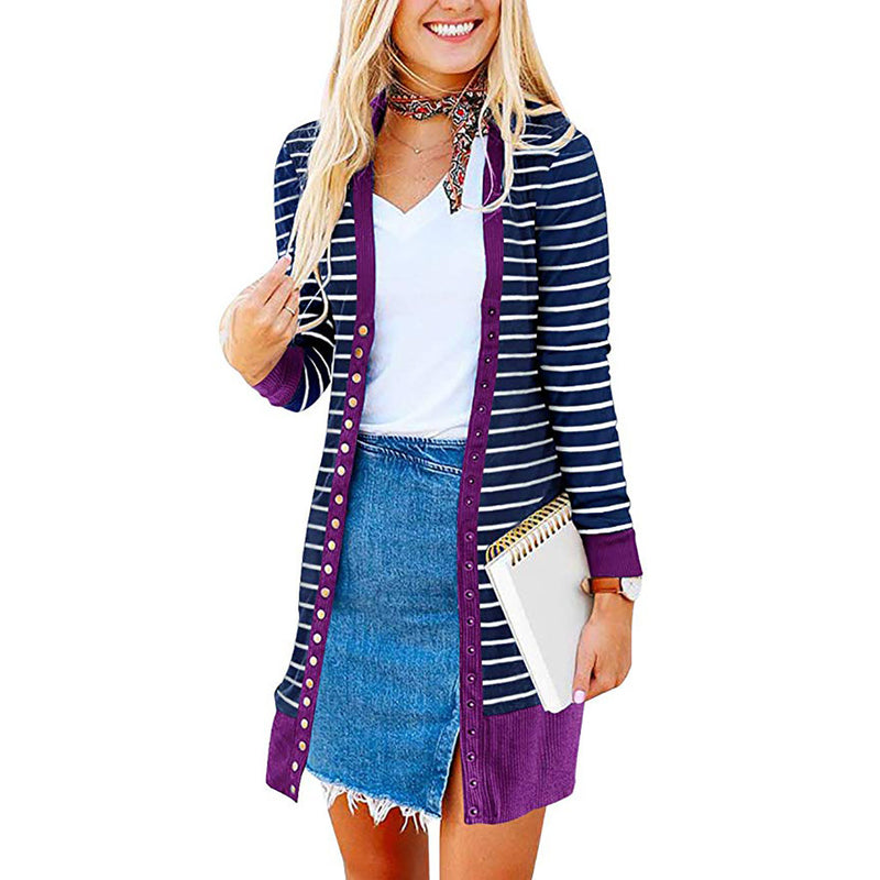 Autumn/Winter 2024 Europe and the United States plus size women's fashion long button striped cardigan coat