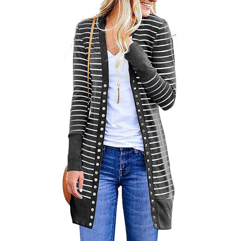 Autumn/Winter 2024 Europe and the United States plus size women's fashion long button striped cardigan coat