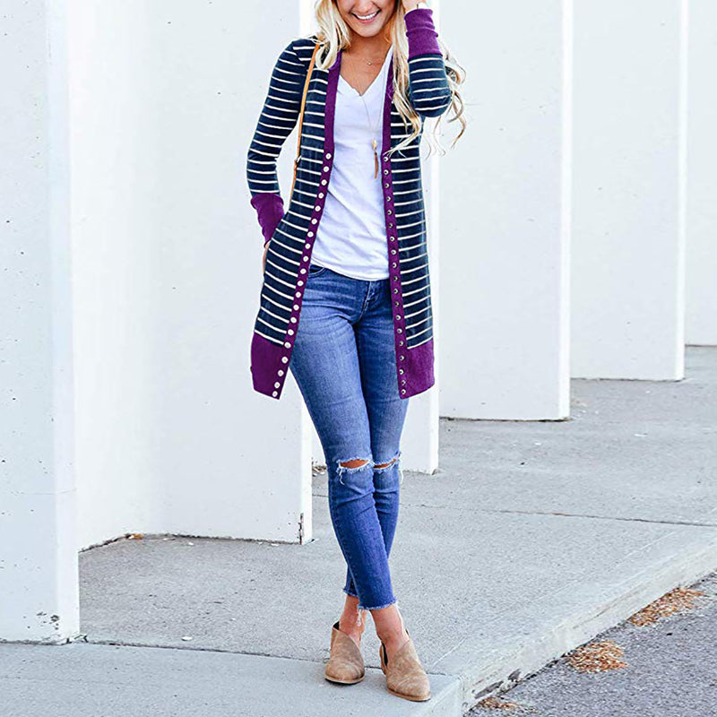 Autumn/Winter 2024 Europe and the United States plus size women's fashion long button striped cardigan coat