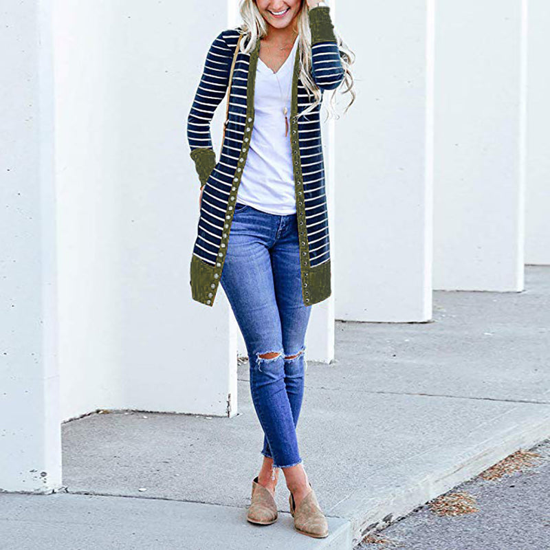 Autumn/Winter 2024 Europe and the United States plus size women's fashion long button striped cardigan coat