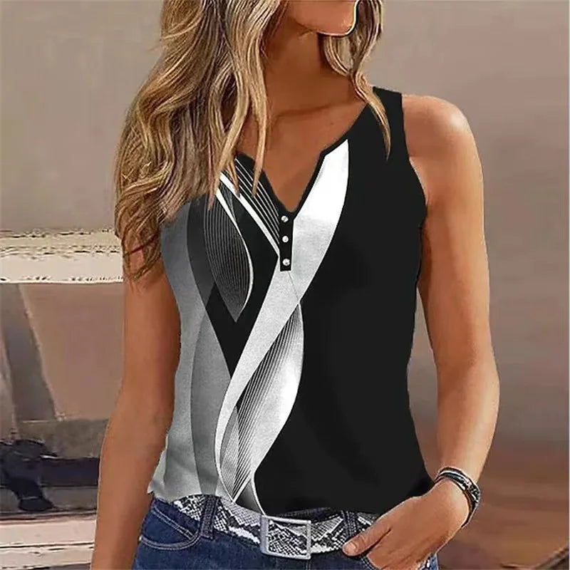 European and American Cross Border New Women's V-neck Abstract Print Sleeveless Tank Top