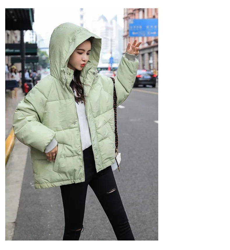 Fashion Winter Hooded Puffer Jacket Women Solid Casual Warm Oversize Parkas Female Korean Loose Long Sleeve Coat Women Clothing