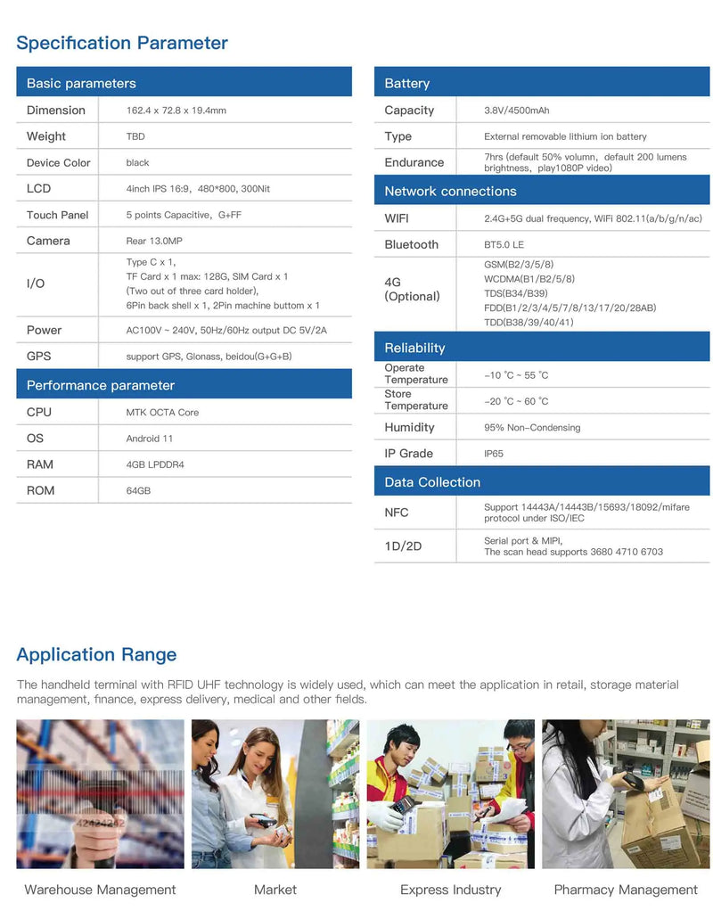 Android 11 4" Rugged PDA Handheld Terminal  4GB+64GB 1D2D Scanner Barcode Reader 4G WiFi GPS Warehouse  Data Collector Inventory
