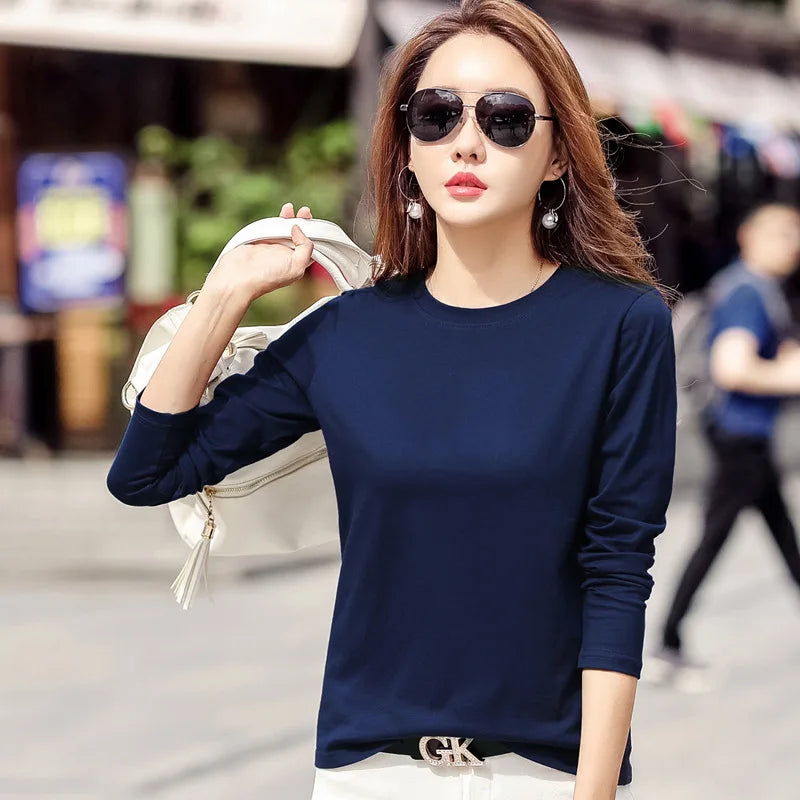 Woman Tshirts Solid Color Long-sleeved T-shirt Women's 2021 New Spring and Autumn Korean Women's Bottoming Shirt White Top