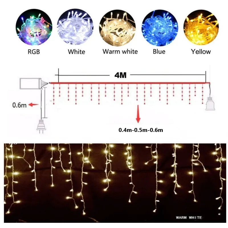 Christmas Garland LED Light Festoon 4M Width Droop 0.4-0.6m Wave 96 LED Curtain Icicle String Lights Garden Mall Eave Decoration