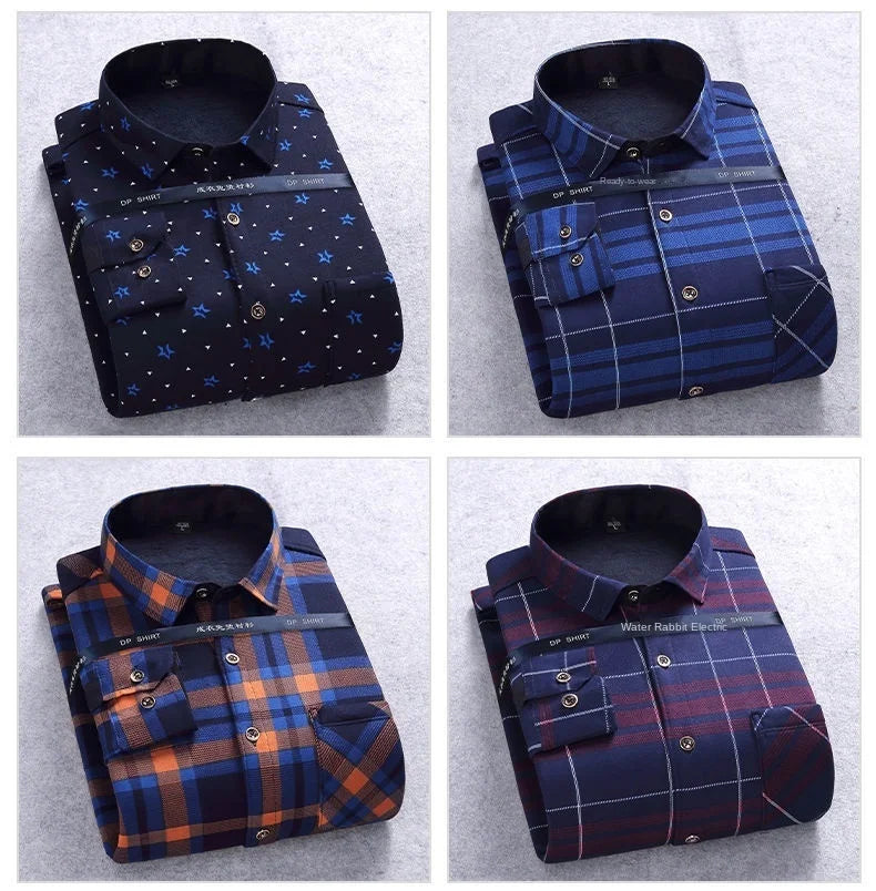 2021 Autumn Winter warm shirt size velvet thickening fashion print plaid shirt long sleeve men's brand shirt dress shirt