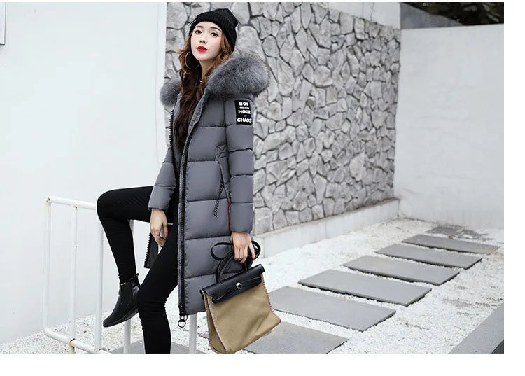 2024 Women's Down Parkas Winter Jacket Big Fur Collar Thick Slim Coat Fashion Hooded Cotton Outerwear Long Winter Woman Coat