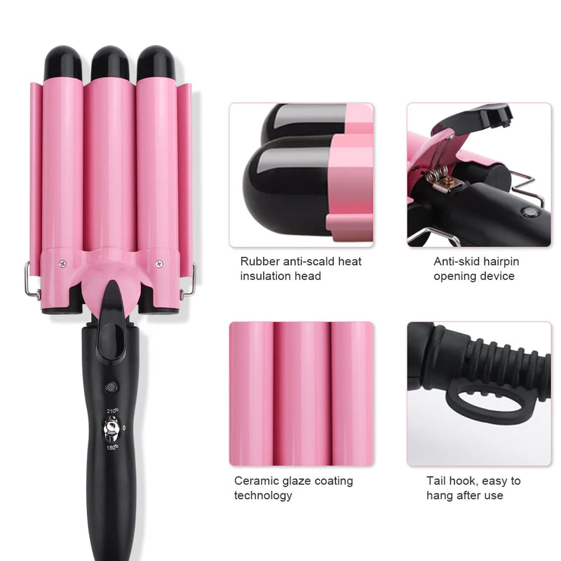 3 Barrel Curling Iron Wand Temperature Adjustable 5 Size Perm Splint Ceramic Triple Barrels Hair Waver Portable Hair Iron Curler