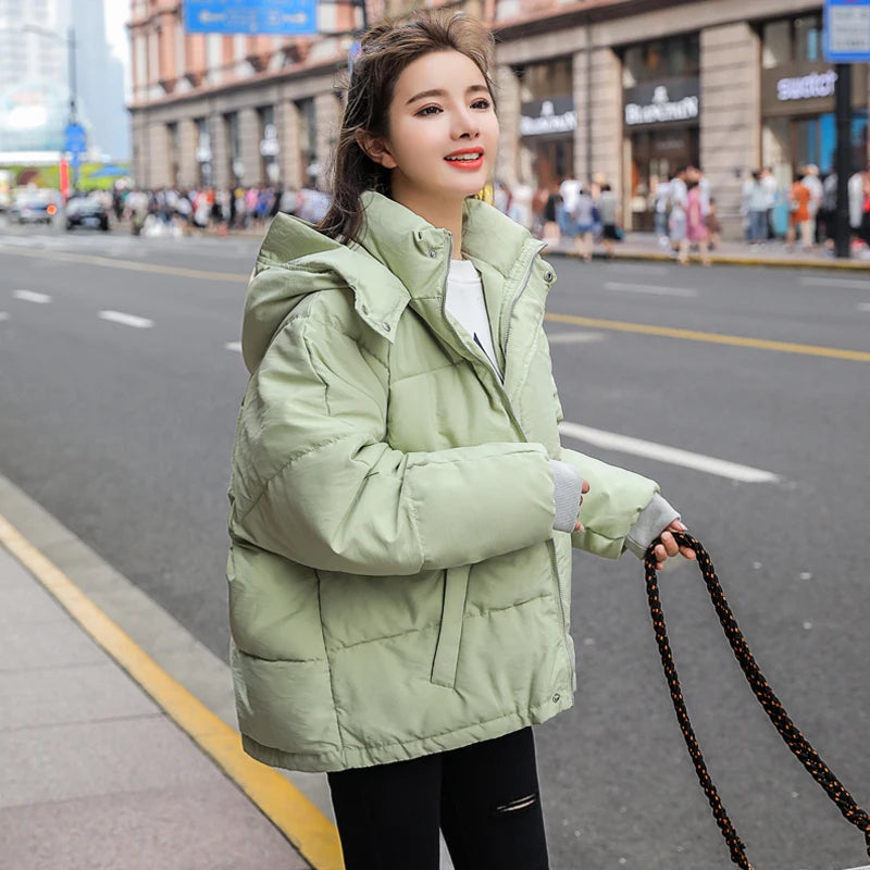 Fashion Winter Hooded Puffer Jacket Women Solid Casual Warm Oversize Parkas Female Korean Loose Long Sleeve Coat Women Clothing