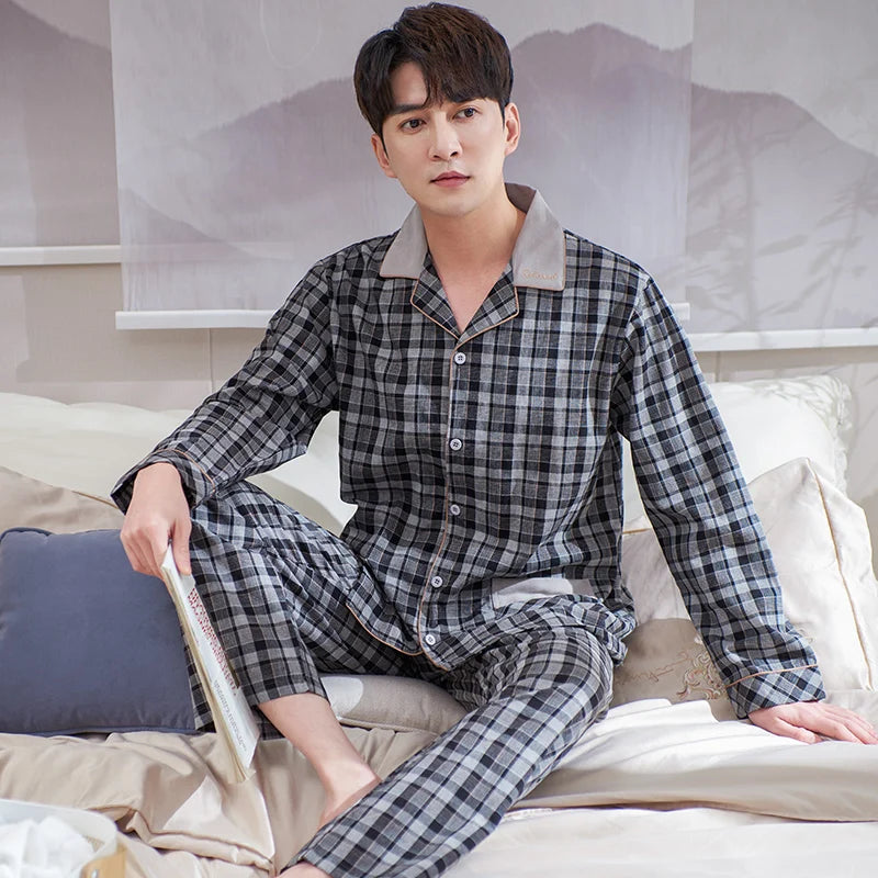 Men Plaid Cardigan Nightwear Suit Autumn Woven Cotton Long Sleeve High Quality Pajamas Casual Homewear M-XXXL Pijamas Hombre