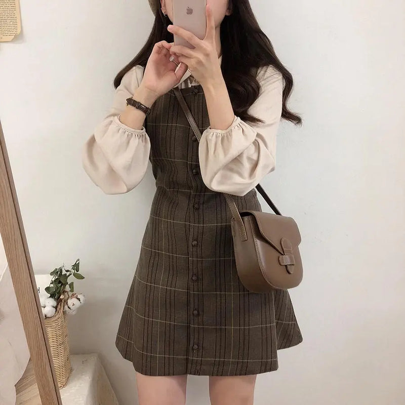 Lindo minivestido de cita de Año Nuevo sin mangas para mujer, estilo coreano japonés, diseño retro vintage, vestido camisero con botones a cuadros 11021