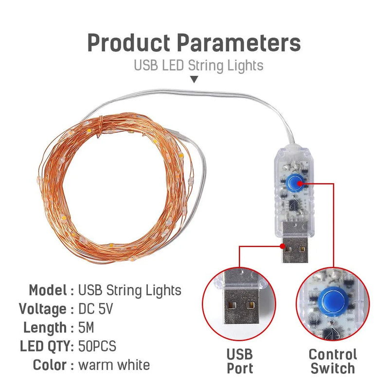 Guirnalda de luces LED de alambre de cobre de 1/2/5/10 m con alimentación por USB y 8 modos para decoración de fiestas navideñas y de Año Nuevo