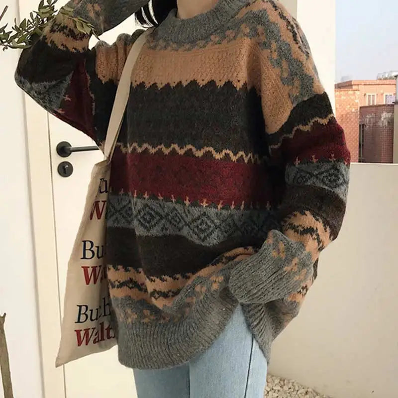 Vintage Sweaters Women Pullover Winter Striped Jumpers Korean Style Loose Pullover Knitwear Casual Loose Sweater Pull Femme