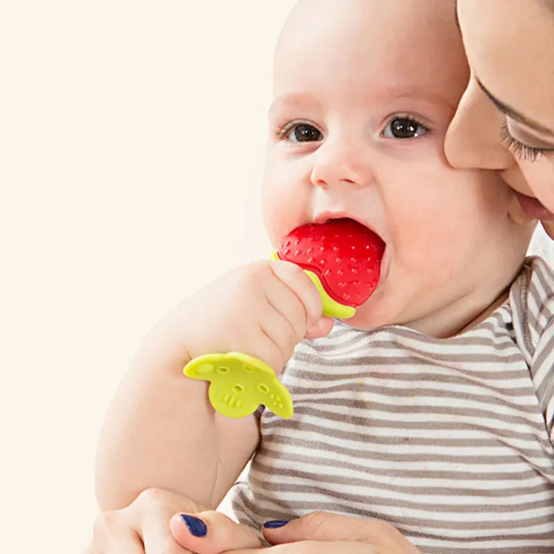 Mordedor para bebés con forma de fruta, juguete seguro para masticar, de silicona, sin BPA, para la dentición, cuidado dental, fortalecimiento y entrenamiento de los dientes para bebés