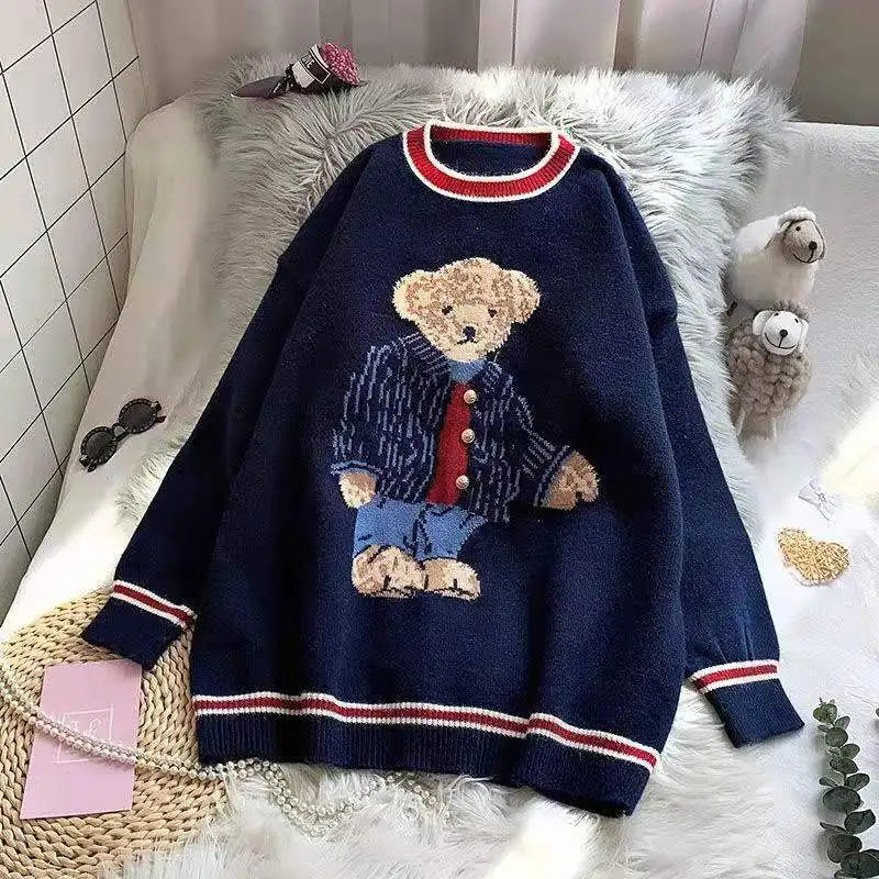 2024 Autumn Winter Women's Vest Japanese Style Cartoon Bear Pullover Vest Sweater Oversize Harajuku Kawaii Clothes Knitted Vest