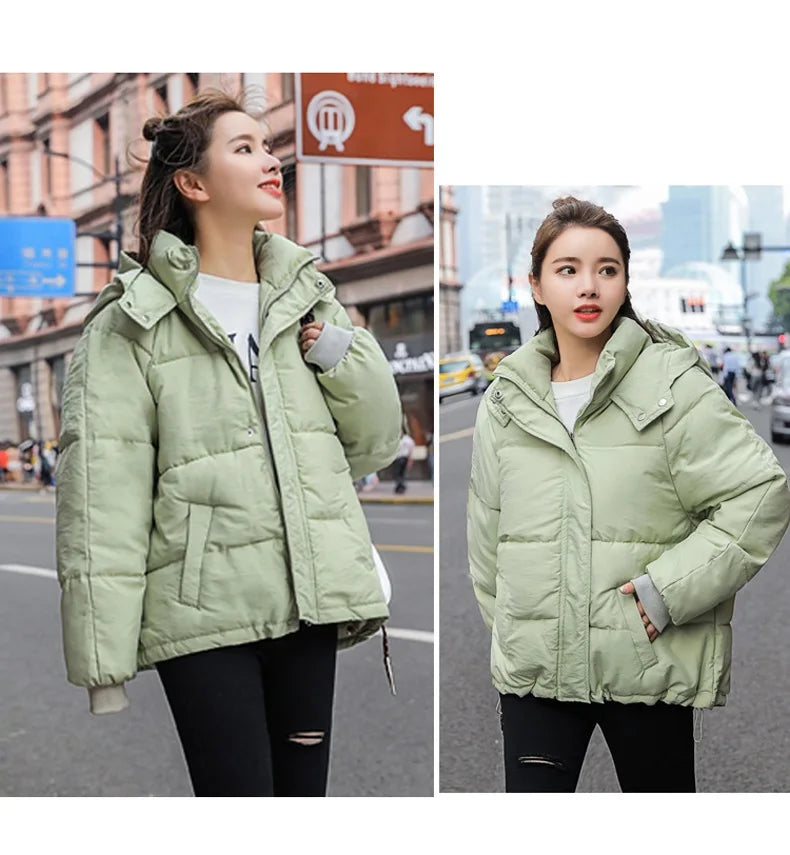 Fashion Winter Hooded Puffer Jacket Women Solid Casual Warm Oversize Parkas Female Korean Loose Long Sleeve Coat Women Clothing