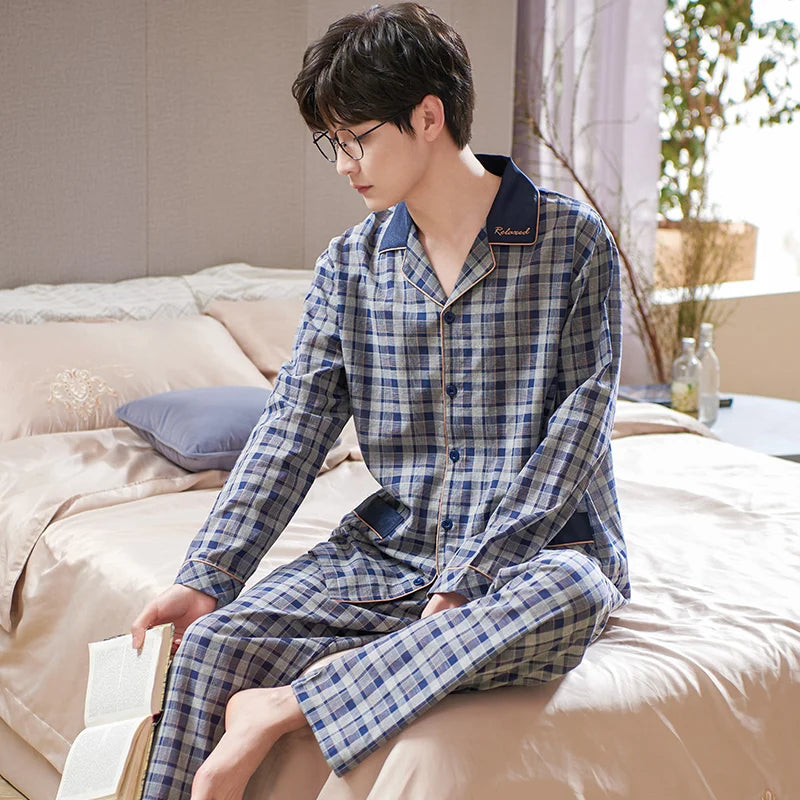 Men Plaid Cardigan Nightwear Suit Autumn Woven Cotton Long Sleeve High Quality Pajamas Casual Homewear M-XXXL Pijamas Hombre