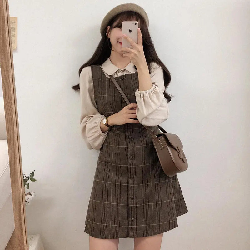 Lindo minivestido de cita de Año Nuevo sin mangas para mujer, estilo coreano japonés, diseño retro vintage, vestido camisero con botones a cuadros 11021