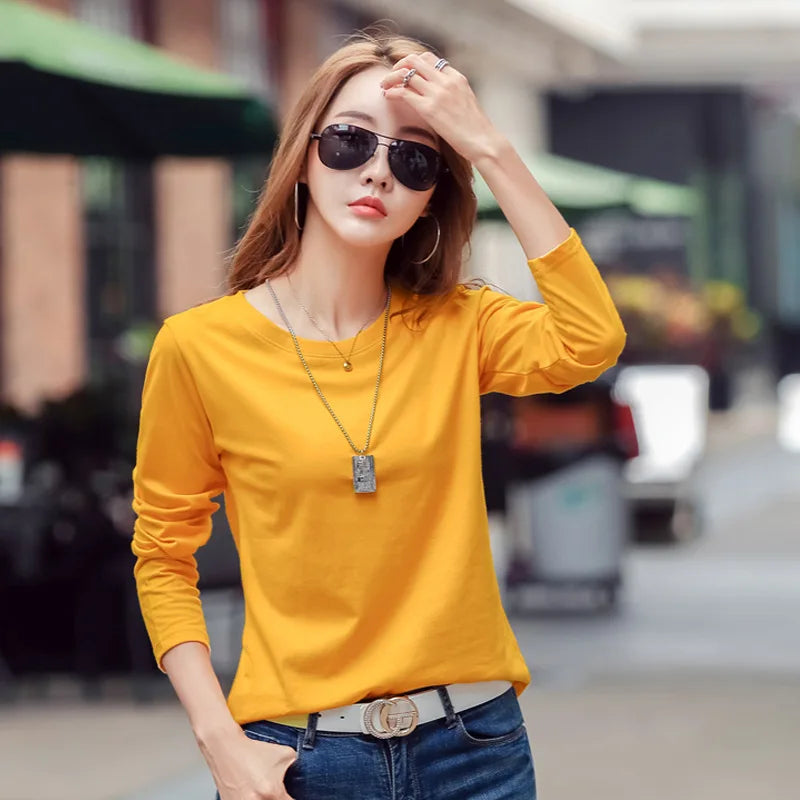 Woman Tshirts Solid Color Long-sleeved T-shirt Women's 2021 New Spring and Autumn Korean Women's Bottoming Shirt White Top