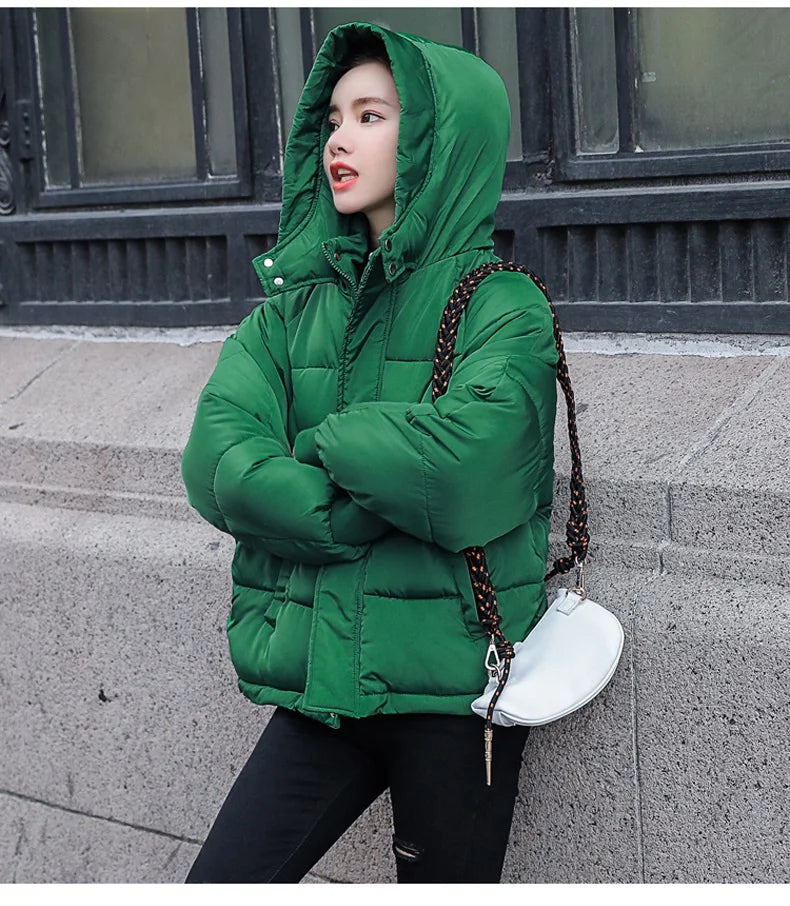 Fashion Winter Hooded Puffer Jacket Women Solid Casual Warm Oversize Parkas Female Korean Loose Long Sleeve Coat Women Clothing