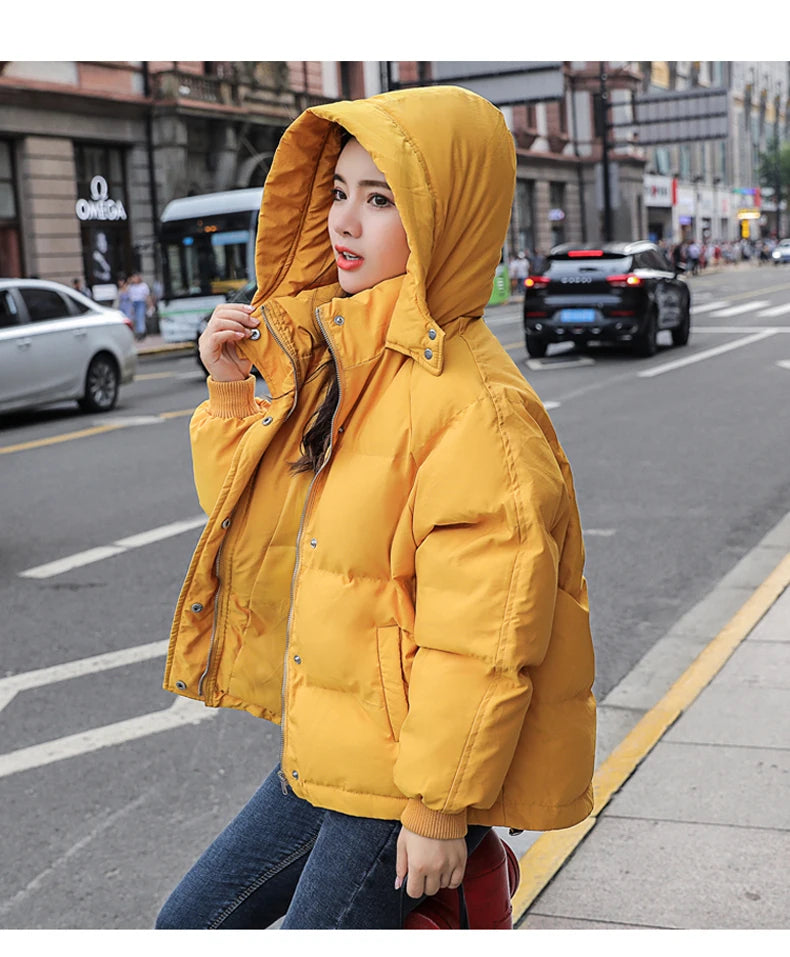 Fashion Winter Hooded Puffer Jacket Women Solid Casual Warm Oversize Parkas Female Korean Loose Long Sleeve Coat Women Clothing