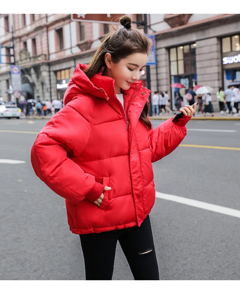 Fashion Winter Hooded Puffer Jacket Women Solid Casual Warm Oversize Parkas Female Korean Loose Long Sleeve Coat Women Clothing