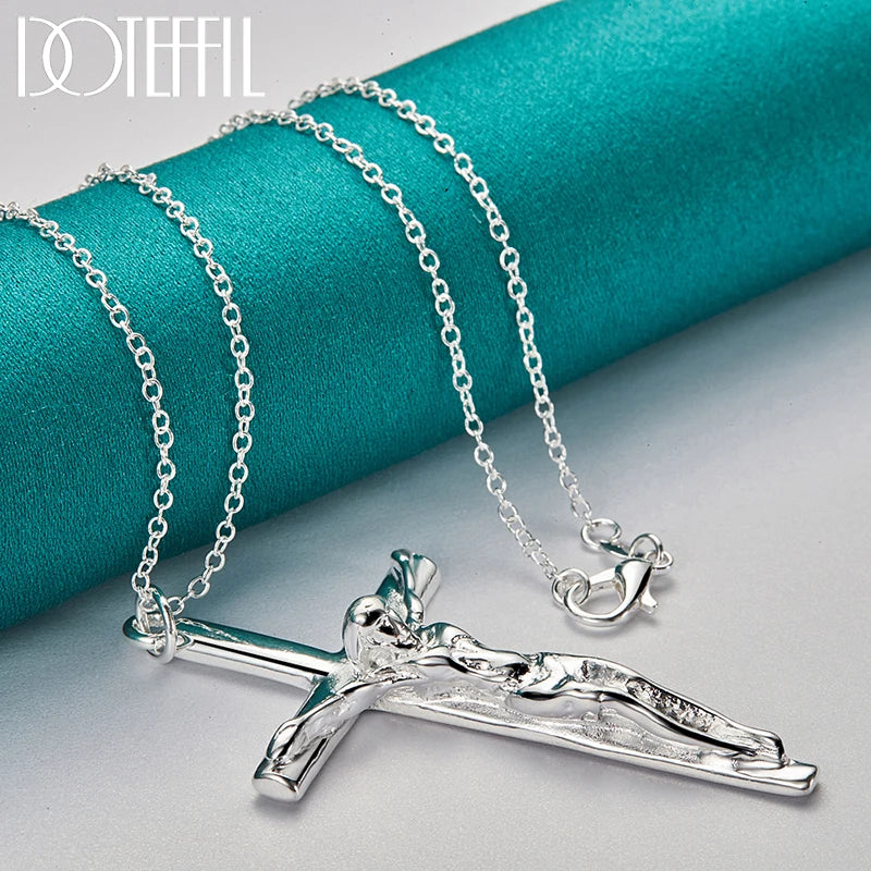 DOTEFFIL 925 Sterling Silver Jesus Cross Pendant Necklace 16/18/20/22/24/26/30 Inch Chain For Woman Man Charm Wedding Jewelry