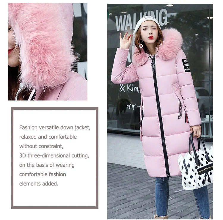 2024 Women's Down Parkas Winter Jacket Big Fur Collar Thick Slim Coat Fashion Hooded Cotton Outerwear Long Winter Woman Coat