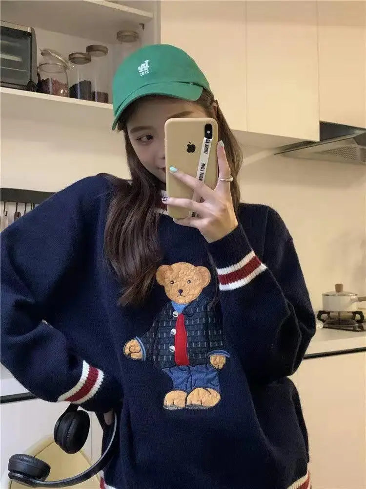 2024 Autumn Winter Women's Vest Japanese Style Cartoon Bear Pullover Vest Sweater Oversize Harajuku Kawaii Clothes Knitted Vest