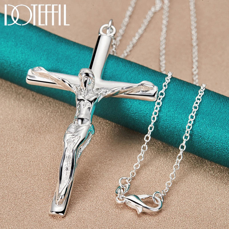 DOTEFFIL 925 Sterling Silver Jesus Cross Pendant Necklace 16/18/20/22/24/26/30 Inch Chain For Woman Man Charm Wedding Jewelry