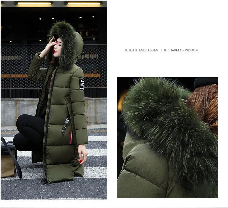 2024 Women's Down Parkas Winter Jacket Big Fur Collar Thick Slim Coat Fashion Hooded Cotton Outerwear Long Winter Woman Coat