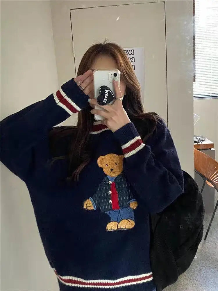 2024 Autumn Winter Women's Vest Japanese Style Cartoon Bear Pullover Vest Sweater Oversize Harajuku Kawaii Clothes Knitted Vest